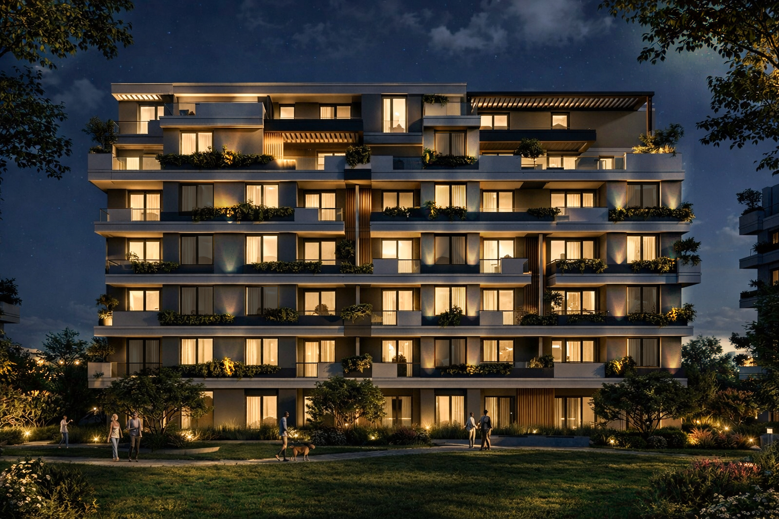 Modern residential development in Sheikh Zayed at night